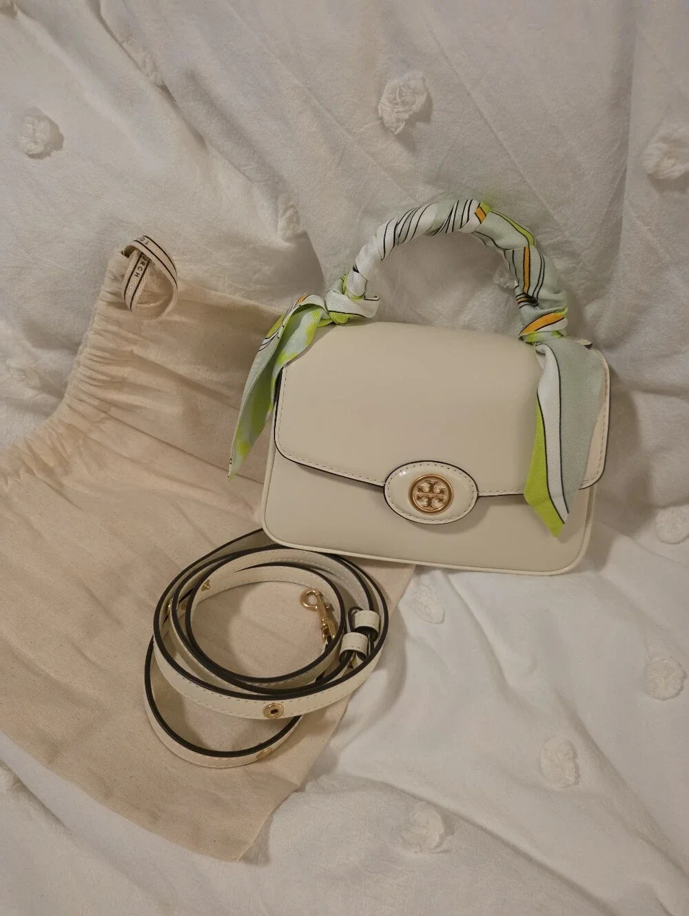 Tory Burch CreamTop-Handle Crossbody Tory Burch Bag with Tory Burch Scarf Accent